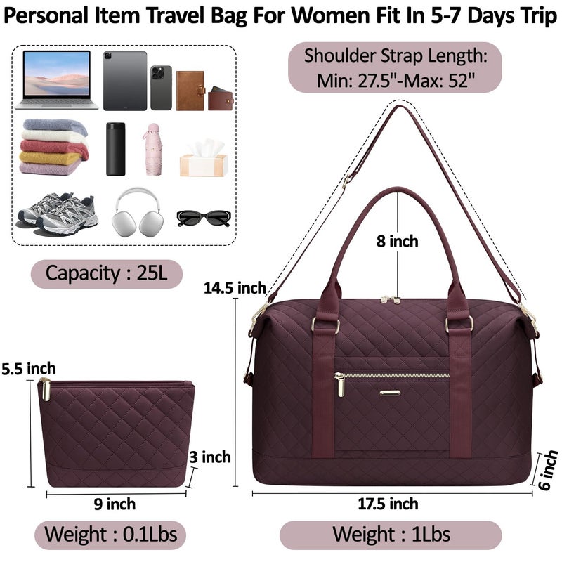 Tenot Quilted Travel Duffle Bag for Travel Women with Toiletry Bag, Large Weekender Bags for Women Carry on Duffel Overnight Bag, Waterproof Travel Tote Bags for Sports, Weekender, Business, Red - Image 2
