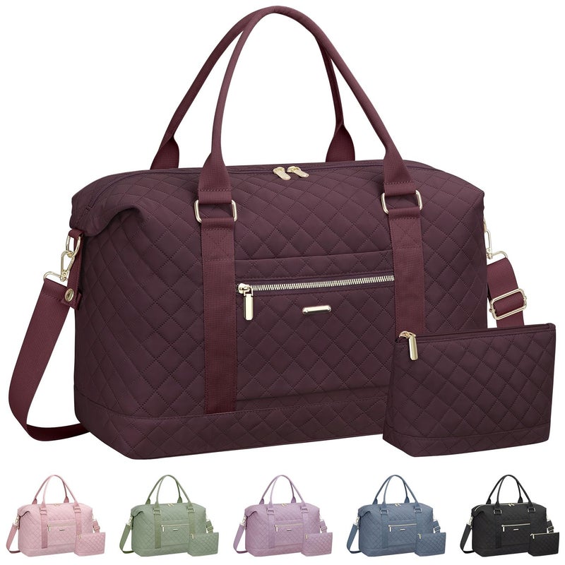 Tenot Quilted Travel Duffle Bag for Travel Women with Toiletry Bag, Large Weekender Bags for Women Carry on Duffel Overnight Bag, Waterproof Travel Tote Bags for Sports, Weekender, Business, Red - Image 1