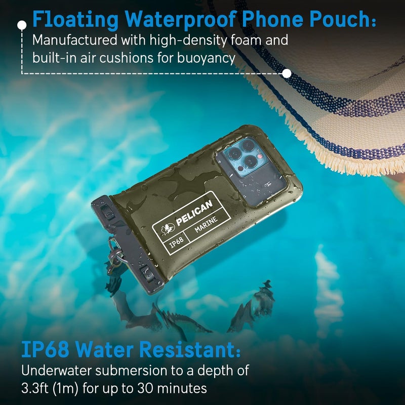 Pelican Marine - IP68 Waterproof Phone Pouch (Regular Size) Floating Waterproof Phone Case - Beach Cruise Ship Travel Essentials - Works with All Phones - Detachable Lanyard - Olive Green - Image 2