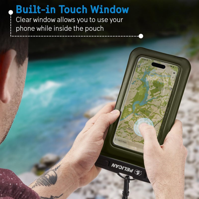 Pelican Marine - IP68 Waterproof Phone Pouch (Regular Size) Floating Waterproof Phone Case - Beach Cruise Ship Travel Essentials - Works with All Phones - Detachable Lanyard - Olive Green - Image 3