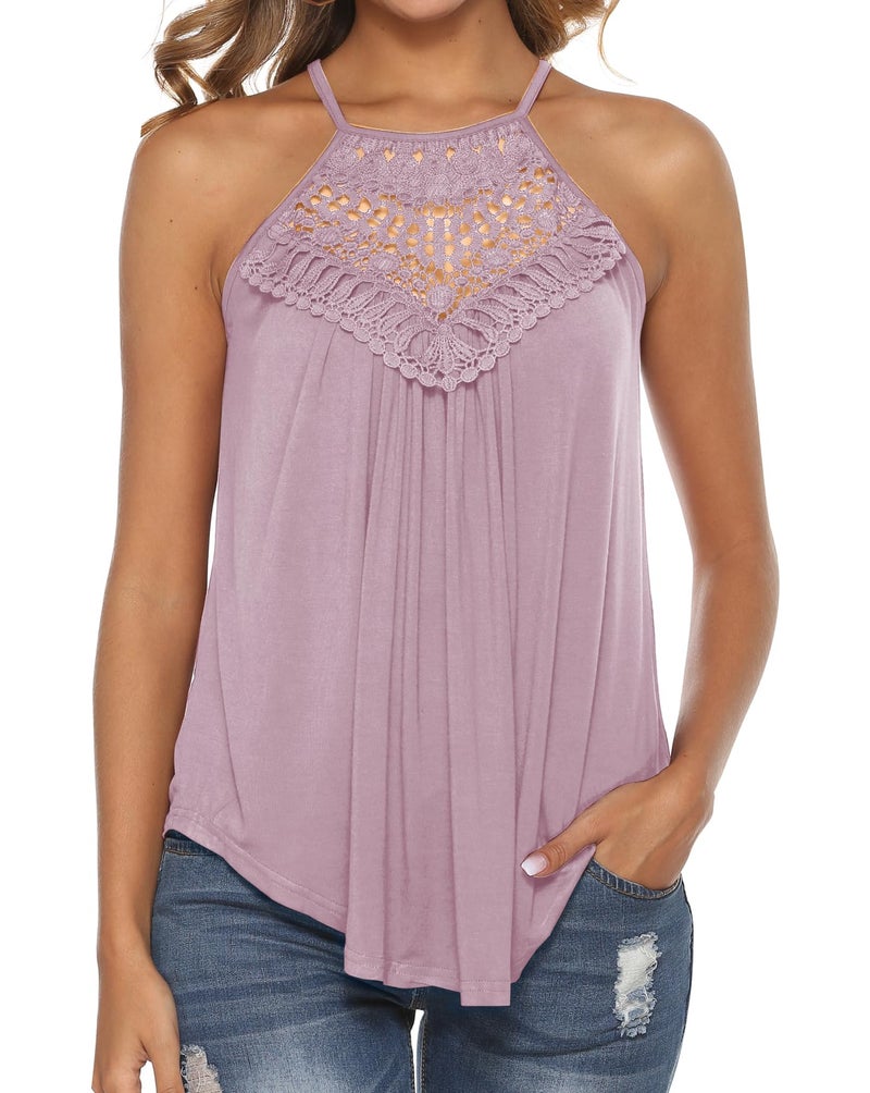Bluetime Cute Summer Tops for Women Halter Lace Crochet Pleated Spaghetti Strap Tank Top Pink S - Image 1