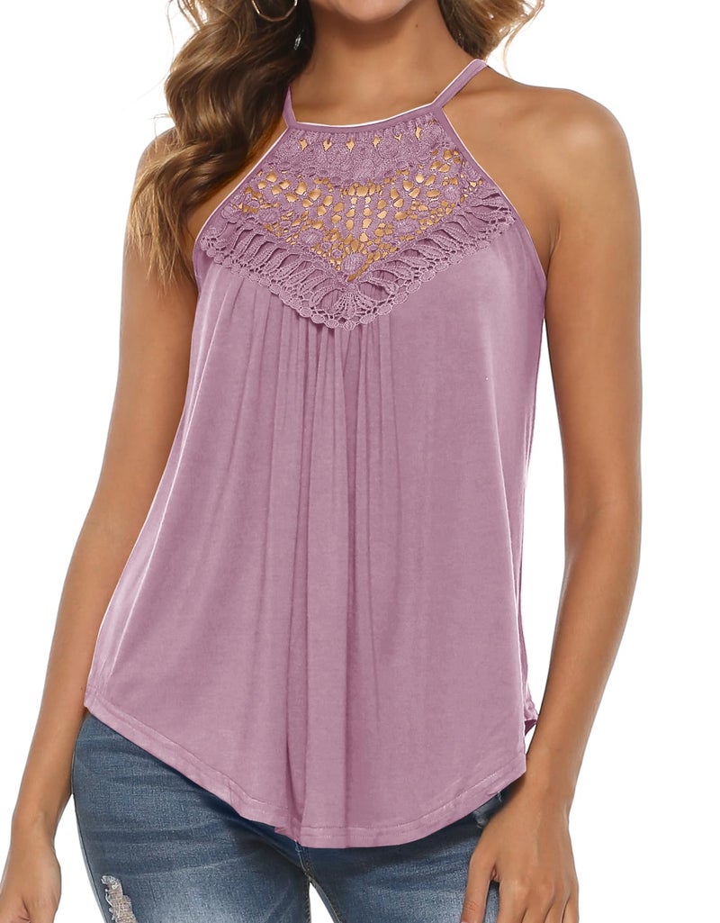 Bluetime Cute Summer Tops for Women Halter Lace Crochet Pleated Spaghetti Strap Tank Top Pink S - Image 2
