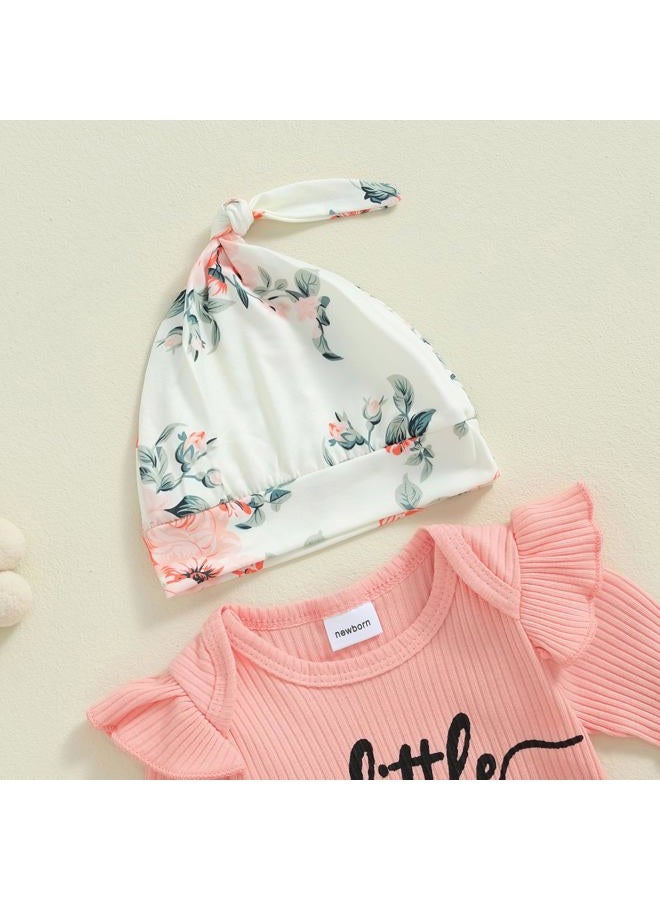 mlpeerw Newborn Baby Girl Clothes Outfits New To The Crew Bodysuit Romper Floral Pants Headband Hat Coming Home Outfit (A Pink little sister, Newborn) - Image 3