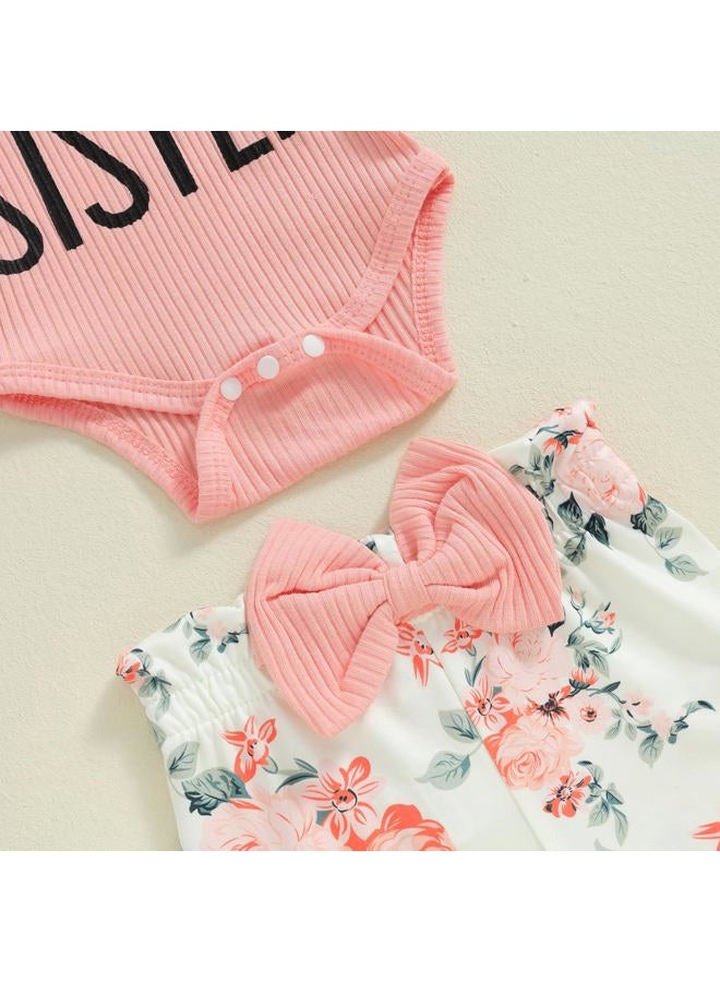mlpeerw Newborn Baby Girl Clothes Outfits New To The Crew Bodysuit Romper Floral Pants Headband Hat Coming Home Outfit (A Pink little sister, Newborn) - Image 5