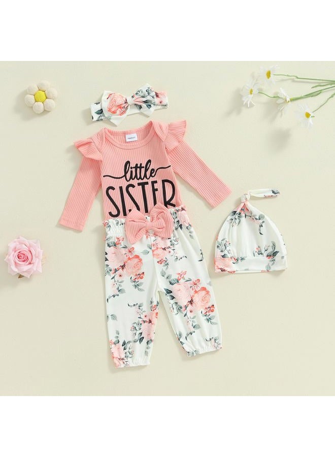 mlpeerw Newborn Baby Girl Clothes Outfits New To The Crew Bodysuit Romper Floral Pants Headband Hat Coming Home Outfit (A Pink little sister, Newborn) - Image 2