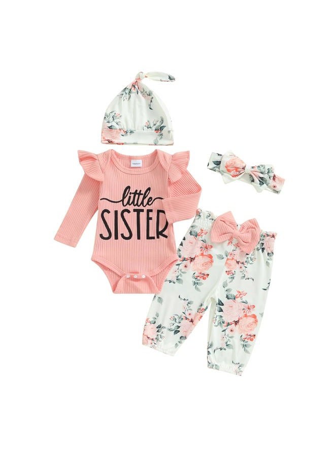mlpeerw Newborn Baby Girl Clothes Outfits New To The Crew Bodysuit Romper Floral Pants Headband Hat Coming Home Outfit (A Pink little sister, Newborn) - Image 1