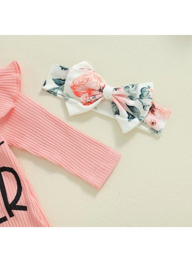 mlpeerw Newborn Baby Girl Clothes Outfits New To The Crew Bodysuit Romper Floral Pants Headband Hat Coming Home Outfit (A Pink little sister, Newborn) - Image 4