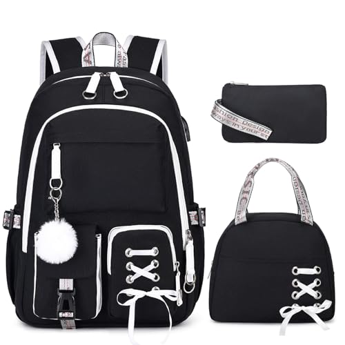 ACESAK Backpacks for Girls, Girls Backpack with Lunch Box and Pencil Case for Teen Kids Elementary Middle High School College Student, Children School Backpack Bookbag with USB Charging Port (Black) - Image 1
