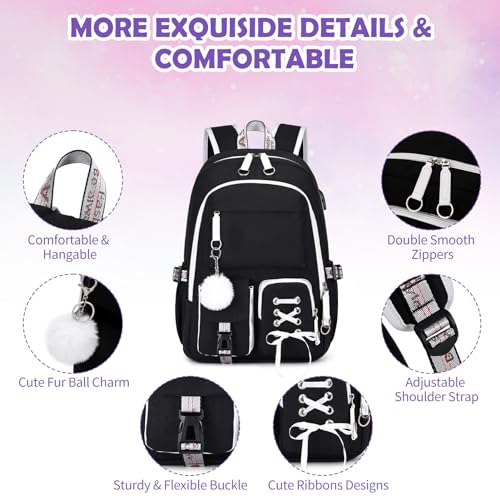 ACESAK Backpacks for Girls, Girls Backpack with Lunch Box and Pencil Case for Teen Kids Elementary Middle High School College Student, Children School Backpack Bookbag with USB Charging Port (Black) - Image 4