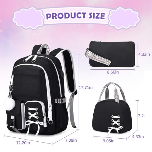 ACESAK Backpacks for Girls, Girls Backpack with Lunch Box and Pencil Case for Teen Kids Elementary Middle High School College Student, Children School Backpack Bookbag with USB Charging Port (Black) - Image 2