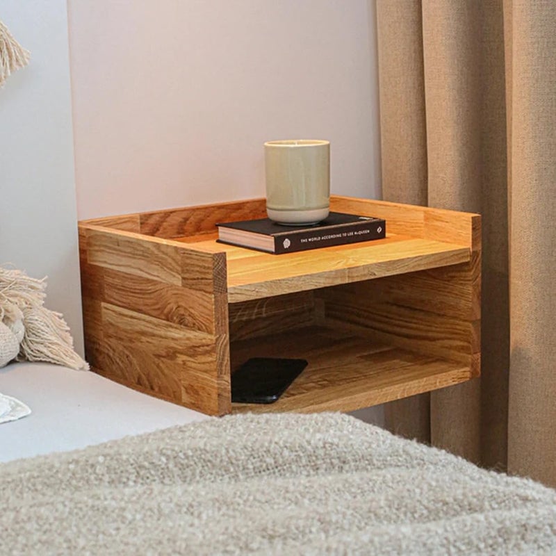 Crysellewoods Wooden Floating Bedside Table Floating Nightstand Small Modern Floating Nightstand with Extra Space mid Century Bedside Table Floating Shelves for Bedroom Natural - Image 1