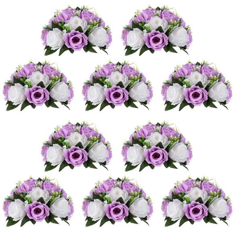 NUPTIO NUPTIO Flower Wedding Centrepieces for Tables - 10 Pcs 9.5in Diameter Lilac & White Artificial Flowers Rose Ball for Centerpieces Table - Fake Rose Arrangements for Weddings Birthday Party Decor - Image 1