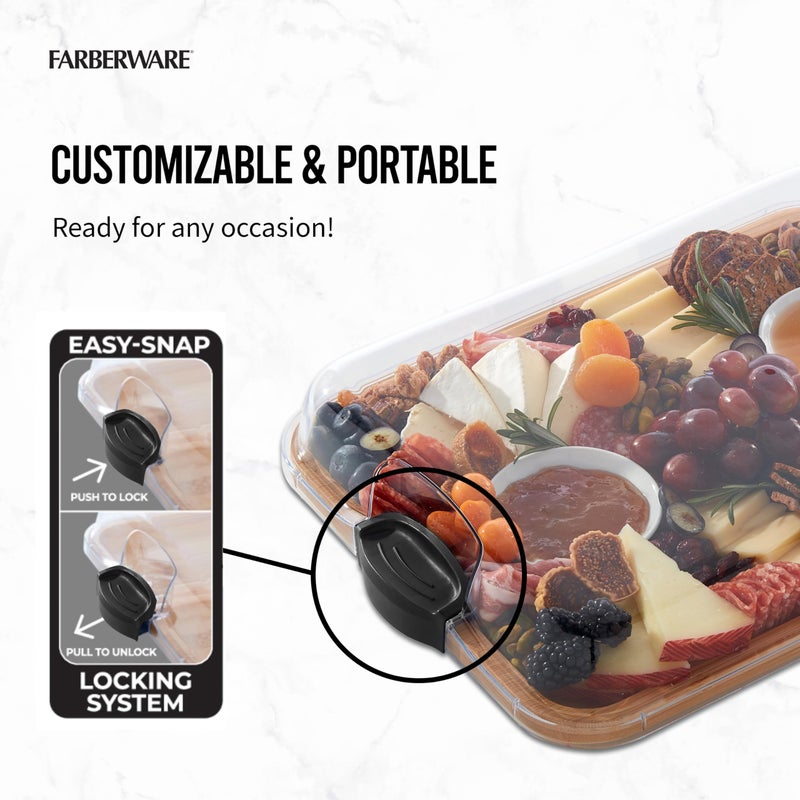 Farberware Build-A-Board Bamboo Cutting Board with Single Storage Compartment, Clear Locking Lid, Black Handles, Perfect for Charcuterie & Snacks - Image 4