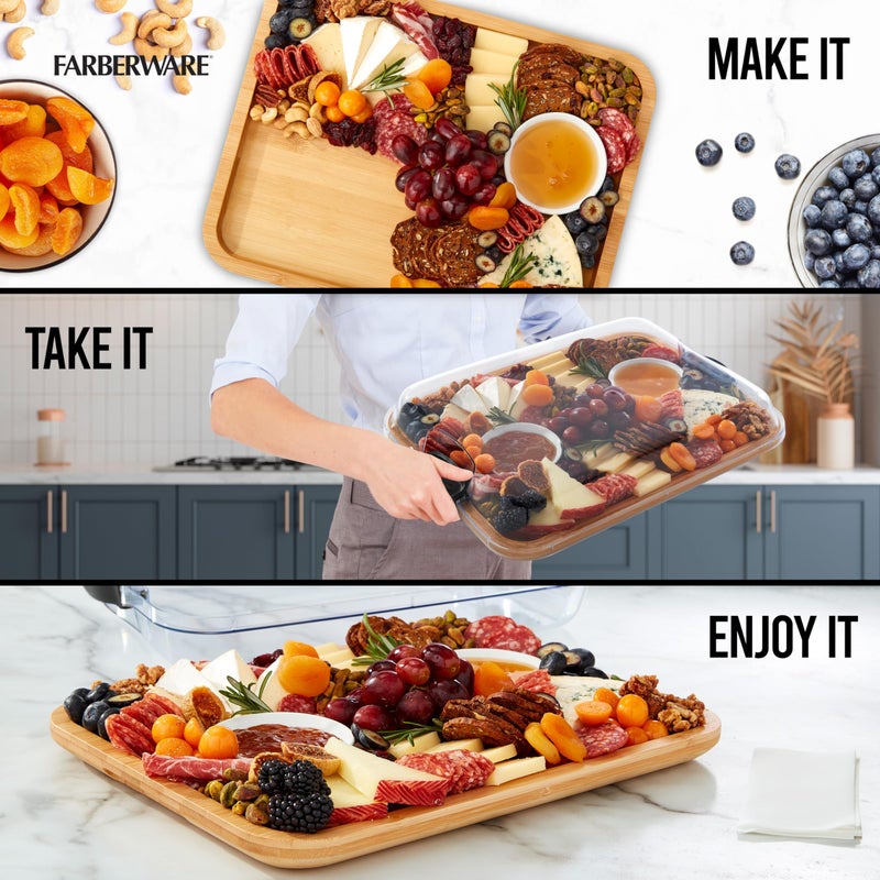 Farberware Build-A-Board Bamboo Cutting Board with Single Storage Compartment, Clear Locking Lid, Black Handles, Perfect for Charcuterie & Snacks - Image 2