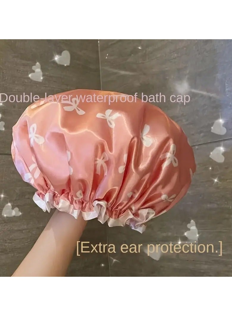 يوكانبي غطاء استحمام مزخرف بزهور وردية بطبقتين، مقاوم للماء ومرن - واقي شعر من البوليستر بتصميم مجعد للكبار والصغار، مثالي للاستخدام في الحمام والمطبخ، ملحقات استحمام - Image 1