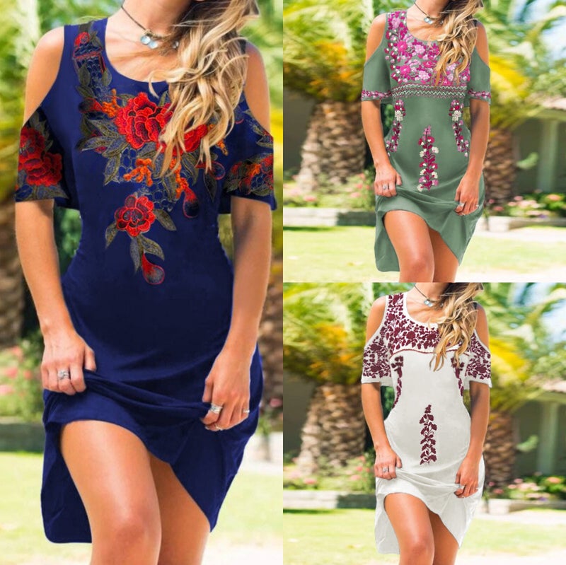 Fashion Printed Round Neck Off Shoulder Long Maxi Dress