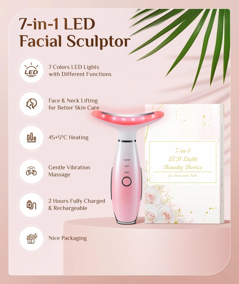 Dopsikn 7 Color Galvanic Machines - Red Light Therapy for Face and Neck, Face Massager Tool for Wrinkles, Double Chin, Vibrating Facial Massager with Thermals, Pink - Image 3