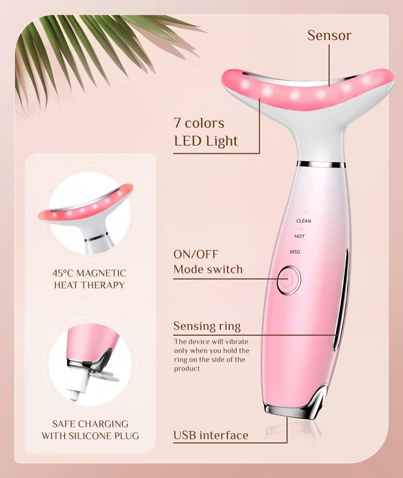 Dopsikn 7 Color Galvanic Machines - Red Light Therapy for Face and Neck, Face Massager Tool for Wrinkles, Double Chin, Vibrating Facial Massager with Thermals, Pink - Image 4