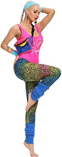 MIAIULIA Womens 80s Workout Costume Outfit 80s Accessories Set Leotard Legging Earring Leg Warmers Headband Wristbands Let's Get Physical Pink L - Image 5