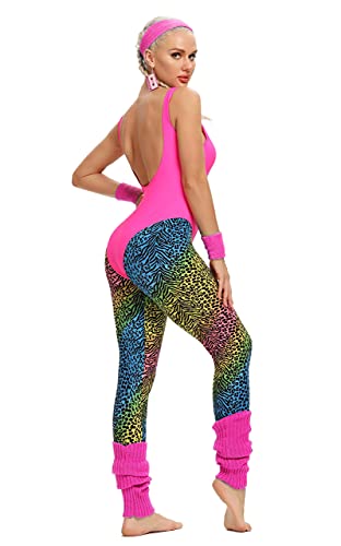 MIAIULIA Womens 80s Workout Costume Outfit 80s Accessories Set Leotard Legging Earring Leg Warmers Headband Wristbands Let's Get Physical Pink L - Image 3
