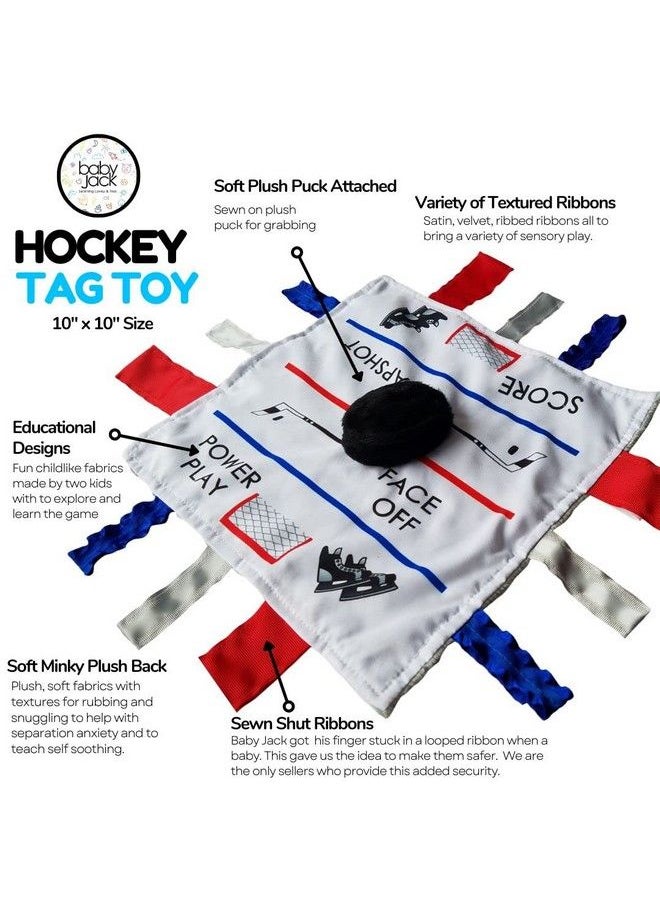 The Learning Lovey Baby Jack & Co 10X10” Hockey Sports Lovey Sensory Plush Blanket Tag Toys For Babies Baby Stroller Toys Learn Shapes Letters & Colors Mvp Baby Puck Toy & Baby Sports Gift W/Stroller Clip  - Image 3