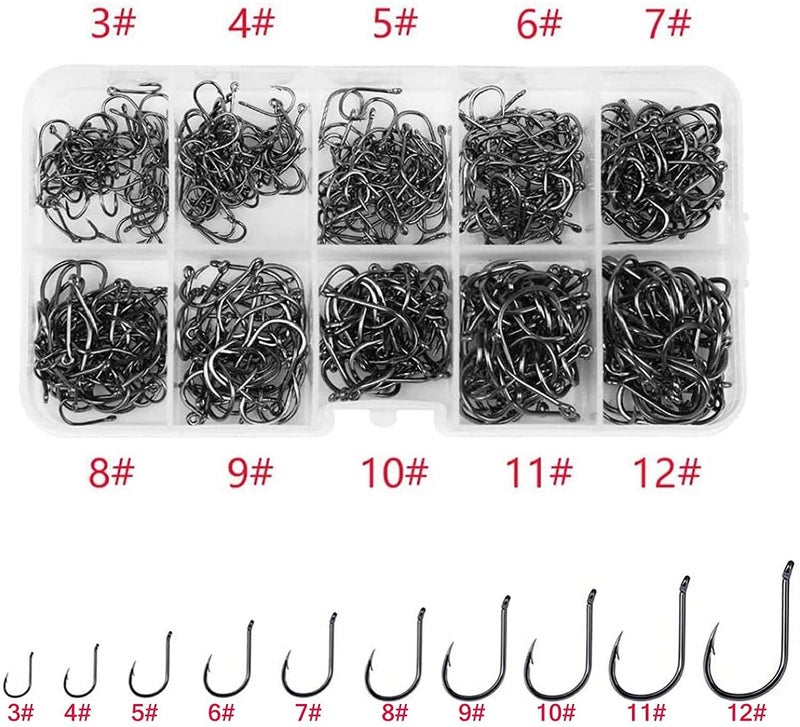 Mf ® 500pcs High Carbon Steel Fishing Hooks with Plastic Box, 10 Sizes Fish Hook with Barbs for Freshwater/Seawater, 3# - 12#(50pcs/ Size) - Image 5