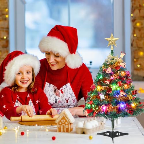 Dream Loom Mini Christmas Tree, 2ft Tabletop Small Christmas Tree with Lights, Hanging Ornaments and Star Treetop, Xmas Decoration Tree Decor - Image 4