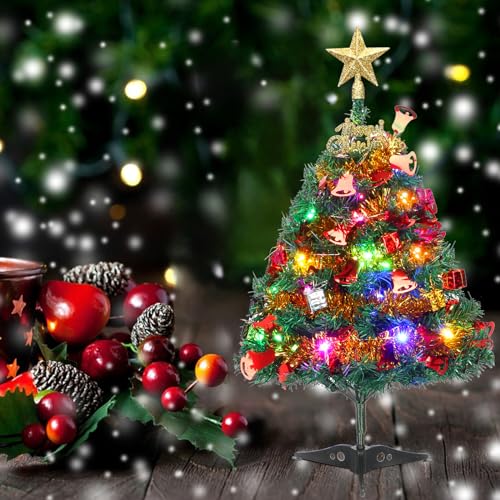 Dream Loom Mini Christmas Tree, 2ft Tabletop Small Christmas Tree with Lights, Hanging Ornaments and Star Treetop, Xmas Decoration Tree Decor - Image 2
