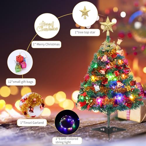 Dream Loom Mini Christmas Tree, 2ft Tabletop Small Christmas Tree with Lights, Hanging Ornaments and Star Treetop, Xmas Decoration Tree Decor - Image 3