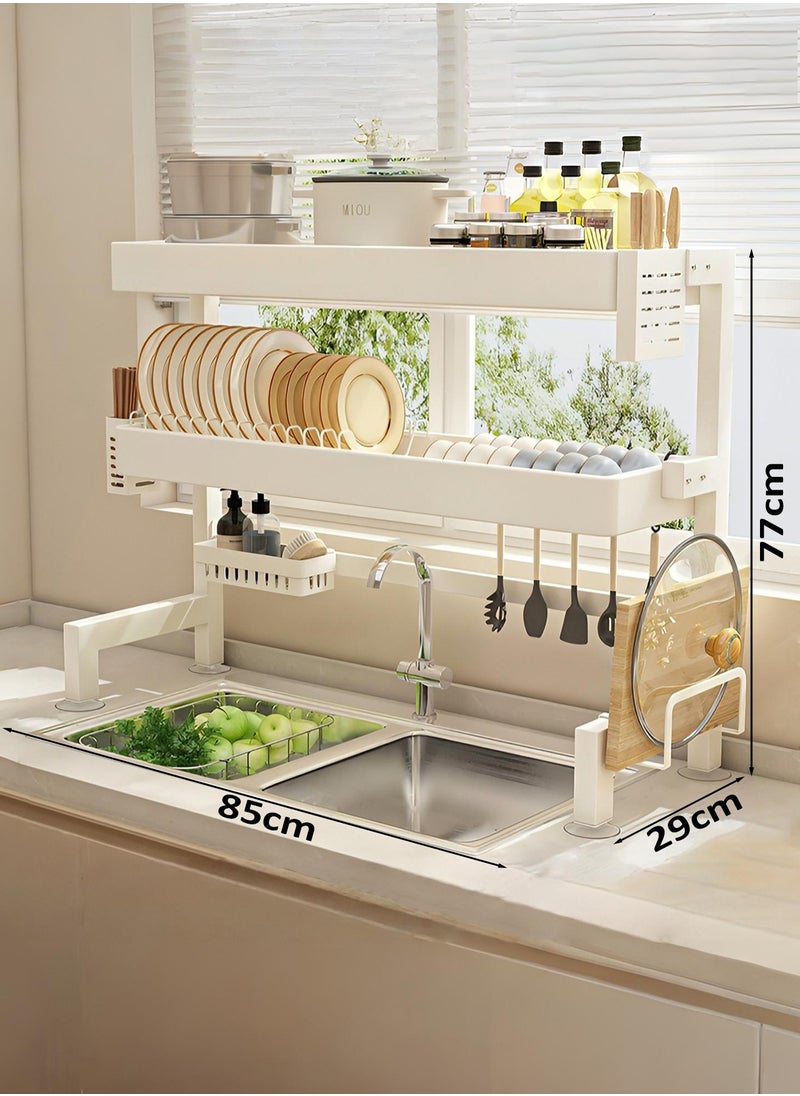 Taimi - 2-Tier Over Sink Dish Drying Rack, Over Sink Plate and Cup Organizer with Cutlery Basket, Knife Holder and Cutting Board Holder for Kitchen and Restaurant White - 85x29x77CM - Image 1