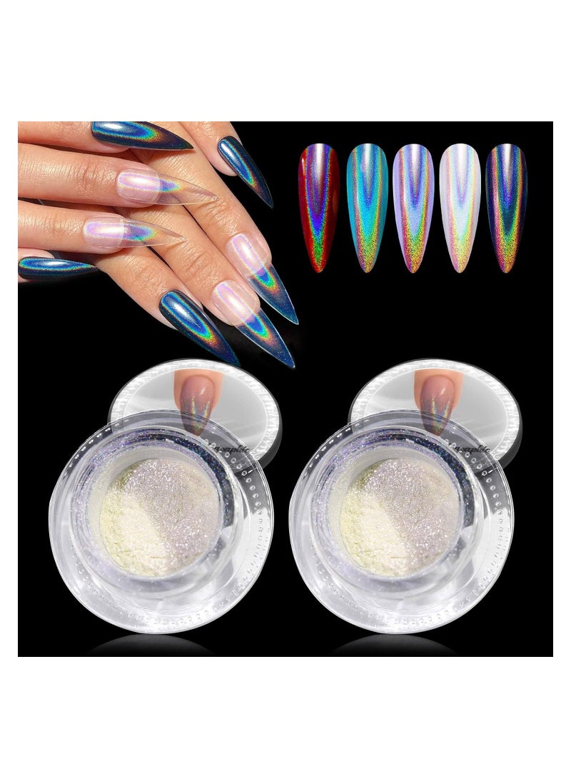 SYOSI Holographic Pearl Chrome Nail Powder, 2PCS Rainbow Mirror Pearl Nail Powder, Magic White Nail Powder, Pearlescent Nail Pigment Powder High Gloss, Ice Metallic Nail Powder, for Nails Art Design - Image 1