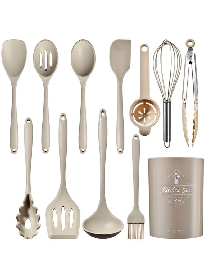Pink Silicone Kitchen Utensils Set With Storage Bucket Heat Resistant Non Stick Beige Cooking Tools Spatula Whisk Tongs Turner Egg Beater Oil Brush Dishwasher Safe Durable Space Saving Design For Home Professional Kitchens Food Grade Material - Image 1
