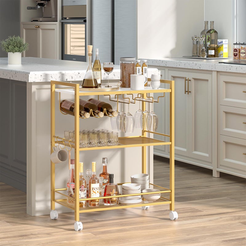 Joaxswe Bar Cart, Home Bar Serving Cart with 3-Tier Shelf,Microwave Cart with Lockable Wheels,Mobile Kitchen Shelf,Rolling Beverage Cart with Wine Rack and Glass Holder for Kitchen,Dinning Room,Gold - Image 3