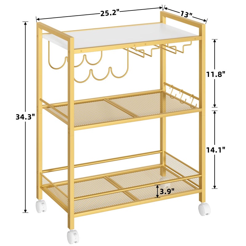 Joaxswe Bar Cart, Home Bar Serving Cart with 3-Tier Shelf,Microwave Cart with Lockable Wheels,Mobile Kitchen Shelf,Rolling Beverage Cart with Wine Rack and Glass Holder for Kitchen,Dinning Room,Gold - Image 2