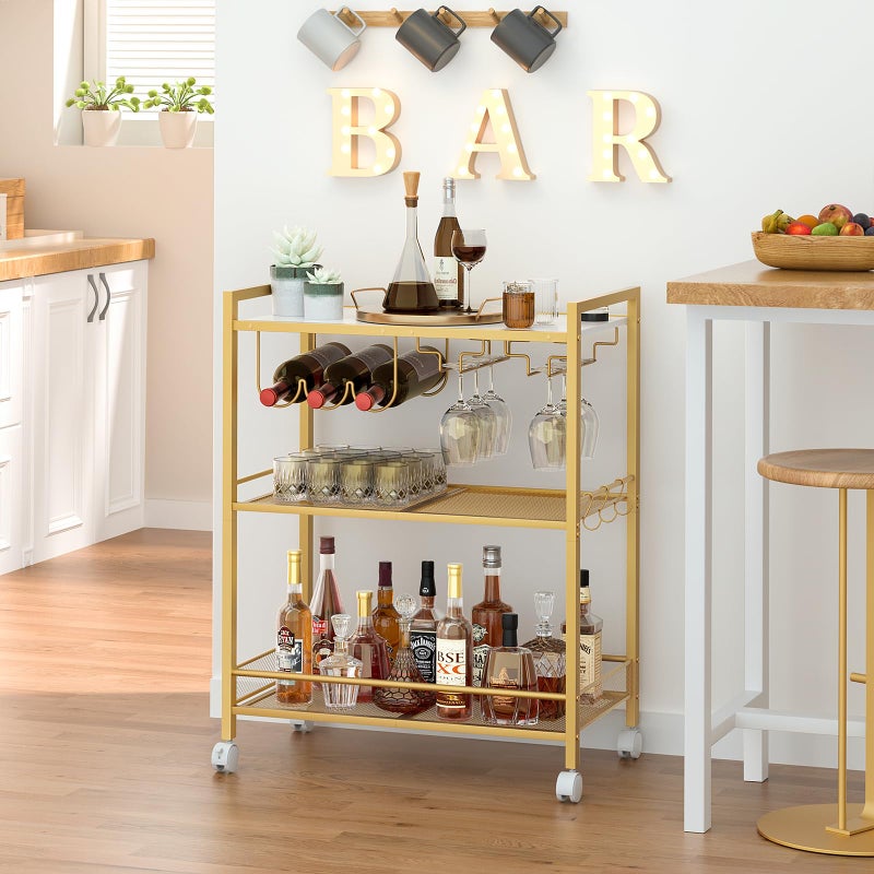 Joaxswe Bar Cart, Home Bar Serving Cart with 3-Tier Shelf,Microwave Cart with Lockable Wheels,Mobile Kitchen Shelf,Rolling Beverage Cart with Wine Rack and Glass Holder for Kitchen,Dinning Room,Gold - Image 5
