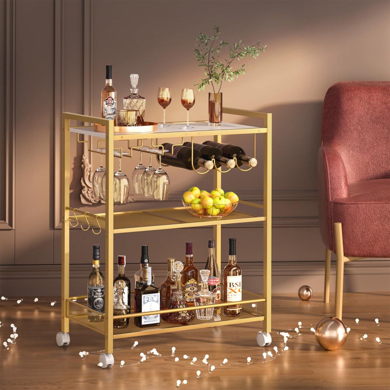 Joaxswe Bar Cart, Home Bar Serving Cart with 3-Tier Shelf,Microwave Cart with Lockable Wheels,Mobile Kitchen Shelf,Rolling Beverage Cart with Wine Rack and Glass Holder for Kitchen,Dinning Room,Gold - Image 1