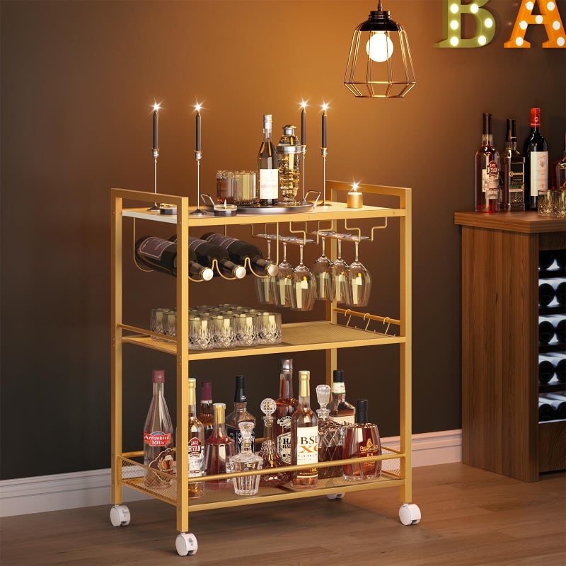 Joaxswe Bar Cart, Home Bar Serving Cart with 3-Tier Shelf,Microwave Cart with Lockable Wheels,Mobile Kitchen Shelf,Rolling Beverage Cart with Wine Rack and Glass Holder for Kitchen,Dinning Room,Gold - Image 4