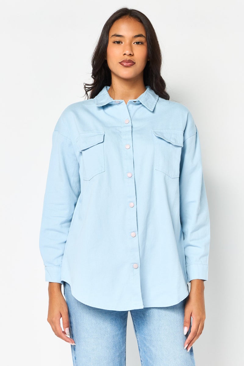 bebe Women Plain Denim Jacket Shirt, Light Blue - Image 1