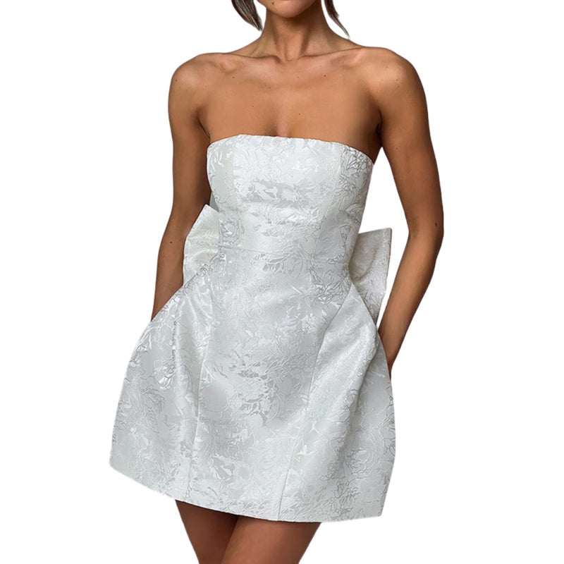 JUMISEE Embroidery Satin Homecoming Dress with Bow Modest Strapless Mini Dresses A Line Short Prom Dress Party Gown White - Image 3