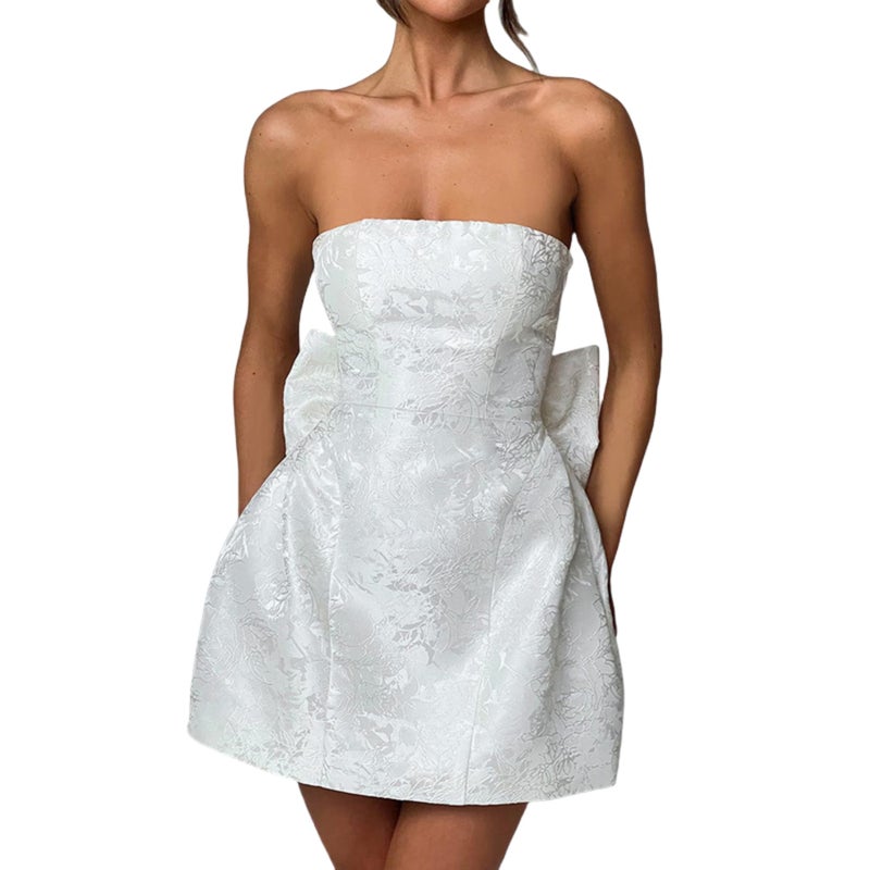 JUMISEE Embroidery Satin Homecoming Dress with Bow Modest Strapless Mini Dresses A Line Short Prom Dress Party Gown White - Image 4