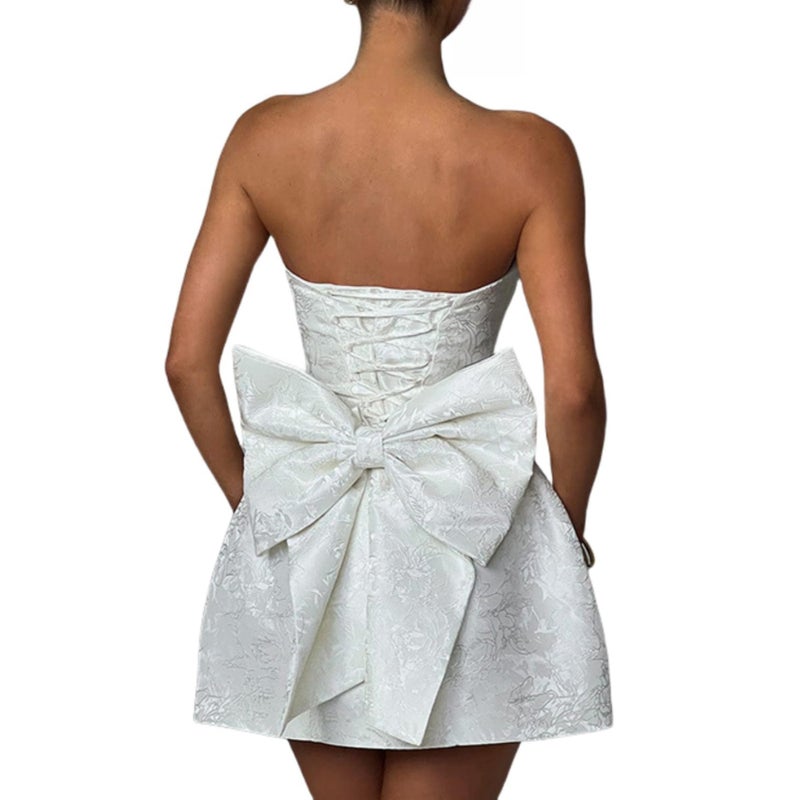 JUMISEE Embroidery Satin Homecoming Dress with Bow Modest Strapless Mini Dresses A Line Short Prom Dress Party Gown White - Image 2