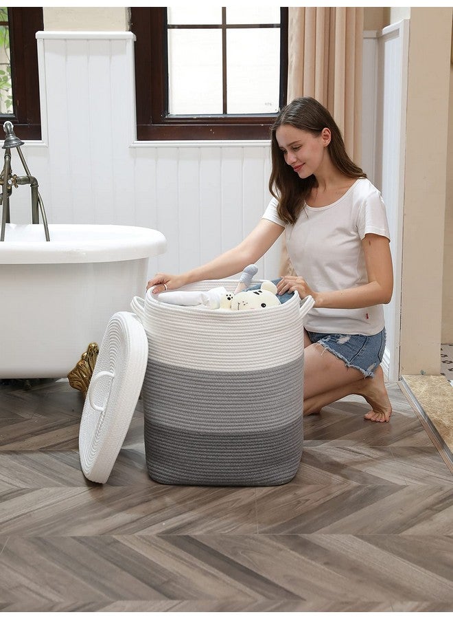 Cottonphant 16”x16”x20” Rectangular Extra Large Storage Basket with Lid, Cotton Rope Storage Baskets, Laundry Hamper, Cloth Bin, for Clothes Towels Blankets Storage in Living Room, Light Grey/Grey - Image 4