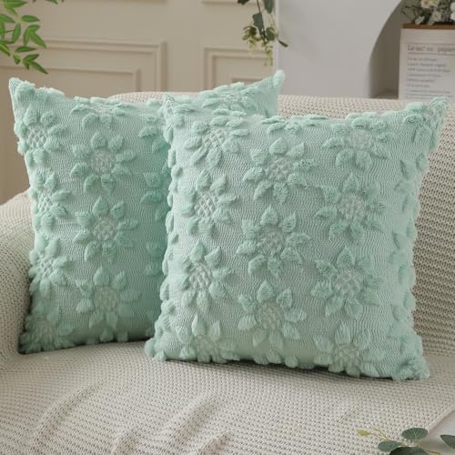 DFXSZ Spring Summer Pillow Covers 18x18 inch Set of 2 Farmhouse Decor White Flower Heart Sunflower Green Soft Plush Faux Fur Jacquard Throw Pillows for Sofa Holiday Spring Home Decor PTK024F18 - Image 1