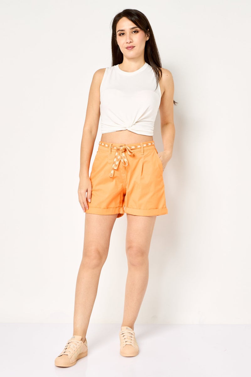 promod Women Plain Belted Basic Shorts, Orange - Image 2