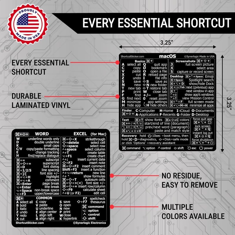Synerlogic سينيرلوجيك (مجموعة واحدة) حزمة ملصق مرجعي سريع لاختصارات نظام ماك أو إس + وورد وإكسل | ملصقات اختصارات لوحة المفاتيح المرجعية | ملصقات اختصارات وورد وإكسل لماك بوك (أسود) يقلل التآكل - Image 2
