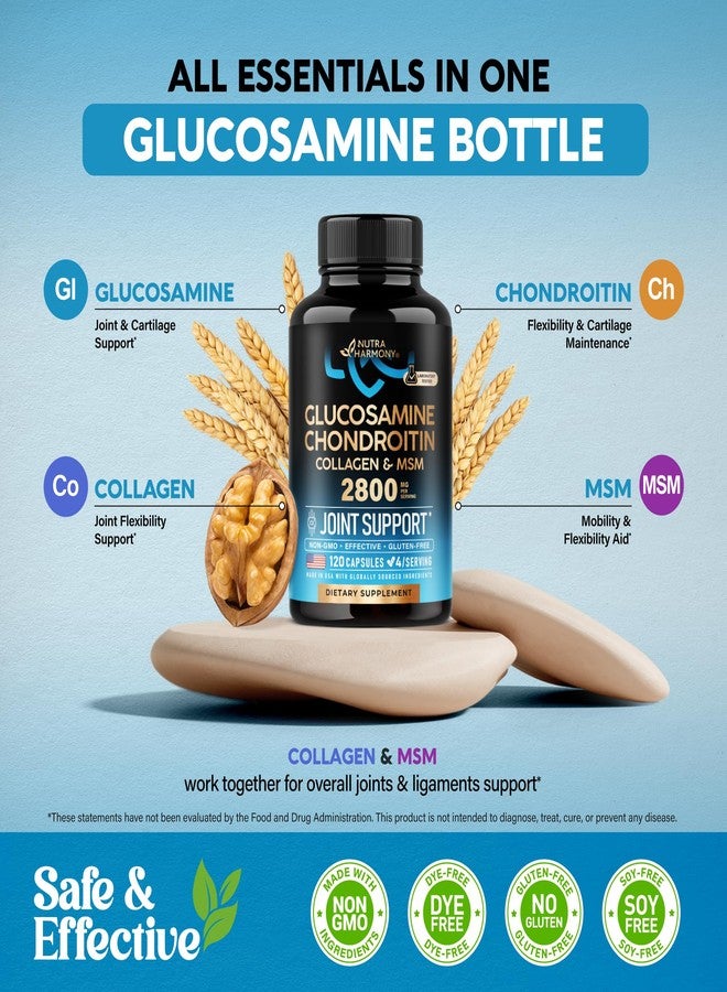 NUTRAHARMONY Glucosamine Chondroitin MSM Collagen | HSA | Joint Support Supplement 2800 mg | Made in USA | FSA Approved Product Items | Flexibility Nutritional Vitamins | For Men & Women, 120 Capsules - Image 5