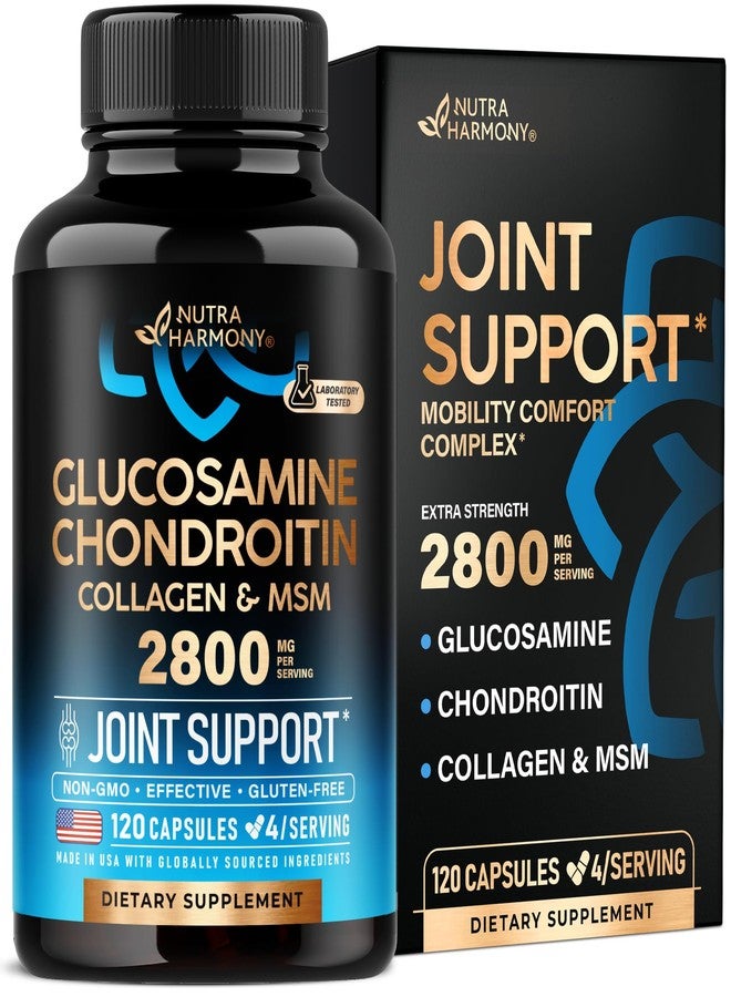 NUTRAHARMONY Glucosamine Chondroitin MSM Collagen | HSA | Joint Support Supplement 2800 mg | Made in USA | FSA Approved Product Items | Flexibility Nutritional Vitamins | For Men & Women, 120 Capsules - Image 1