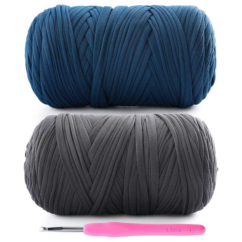 Lpalats 2 Pack Tshirt Yarn for Crochet - 800 G/260 Yds T Shirt Soft Elastic Fabric T-Shirt Yarn for Crocheting Bags Baskets Home Decor with 1 Crochet Hook (2, Dark Grey+Denim Blue) - Image 1