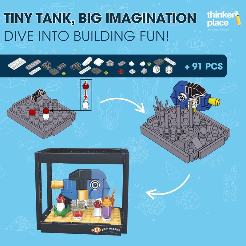ThinkerPlace 8-in-1 Dream Ocean Fish Tank Blue Damselfish (91 Pieces) | Learn About Marine Life | Building Block Set for Kids Age 6+ | STEM Educational Toy | Build, Collect & Create a Big Fish Tank - Image 2