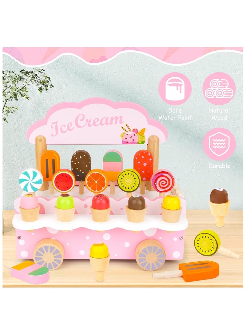 Soofam Wooden Ice Cream Cart Toy for Kids, Toddlers Pretend Play Food Truck Play Kitchen Accessories,Ice Cream Truck Montessori Toys Kitchen Popsicles Play Store for 3 4 5 6 Year Old Girls Boys - Image 3
